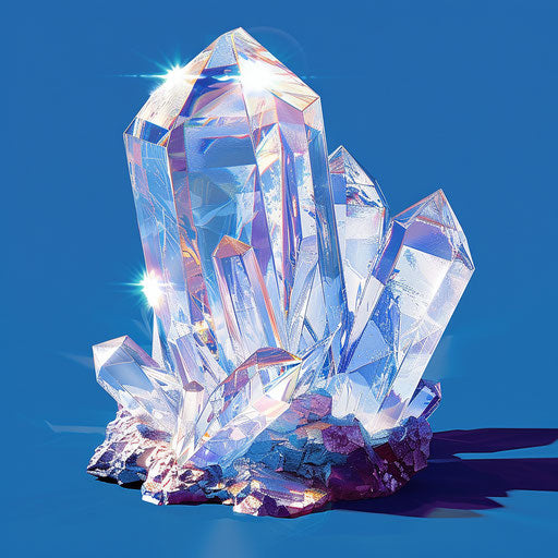 Realistic crystal clipart shining on flat royal blue background