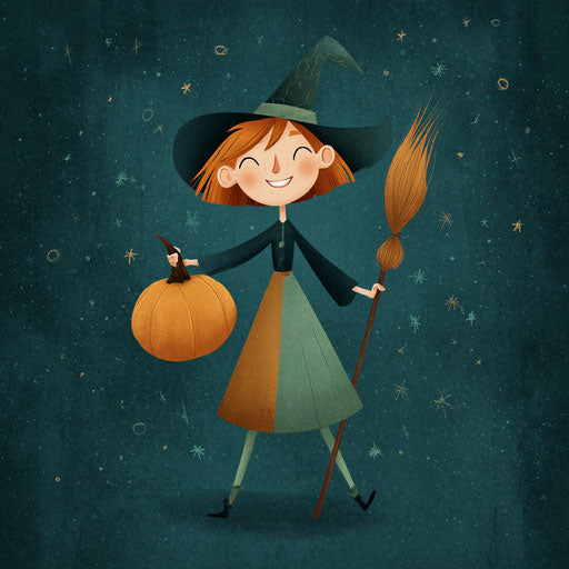 Cheerful cartoon witch with pumpkin and broomstick