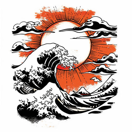 Classic tattoo sketch of a rising sun with traditional Japanese waves