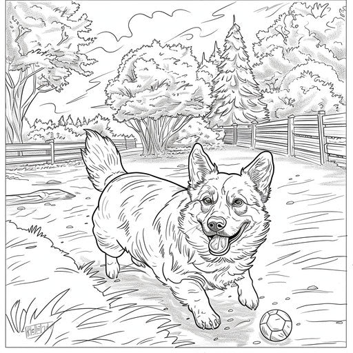 A playful corgi with a ball in a park