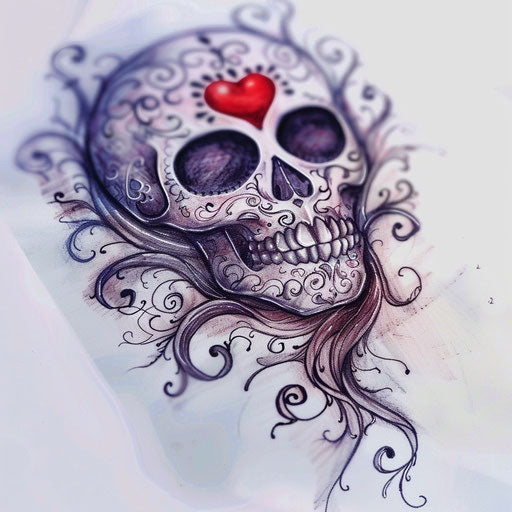 Sugar skull tattoo with heart-shaped nose and flowing vines