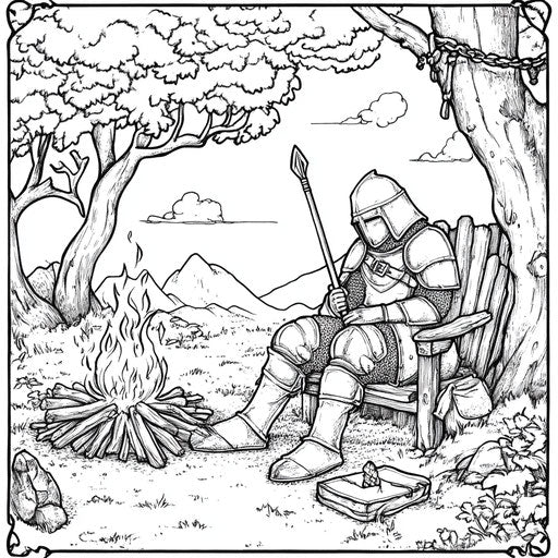 Knight by campfire, detailed campsite, Jan Brett style, coloring page
