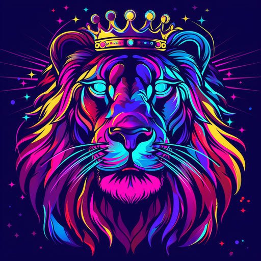 Flat retro clipart style tattoo sketch of a lion with a crown in 1980s neon colors