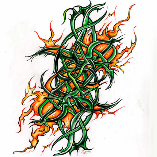 Fire tattoo with Celtic knots in green and orange