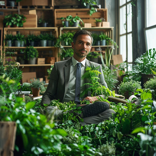 Image of a businessman in a green office promoting sustainability