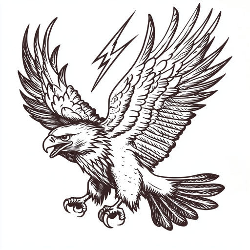 A beautiful clipart style flat tattoo sketch of a full eagle tattoo on hand with a lightning bolt on pure white background