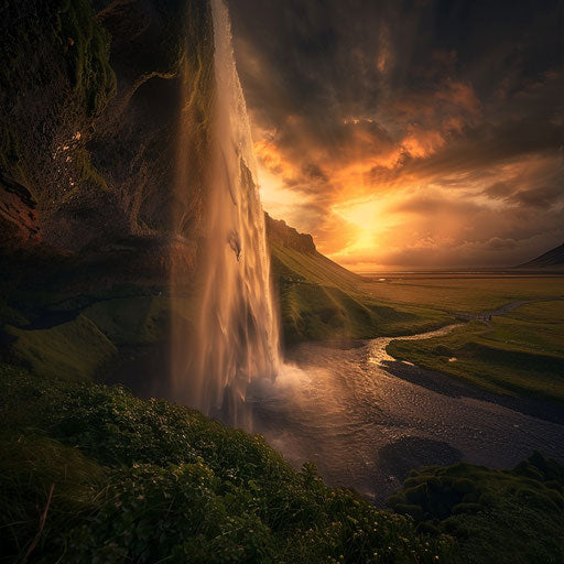 Waterfall in Iceland in a dramatic landscape with intense shadows