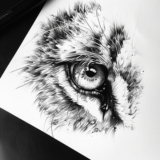 Bold flat tattoo sketch of a micro-realism lion's eye with intense gaze and fur detail