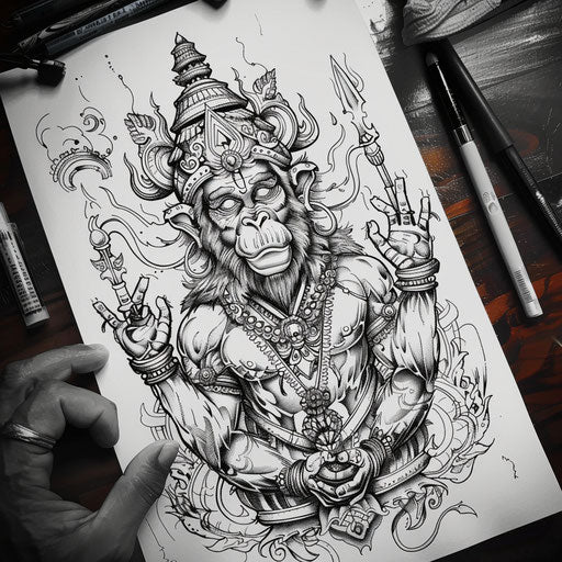 Exotic flat tattoo sketch of Hanuman adorned with traditional Thai art motifs