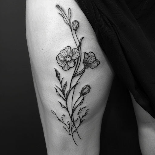 Bold blackwork wildflower tattoo, negative space, stylized
