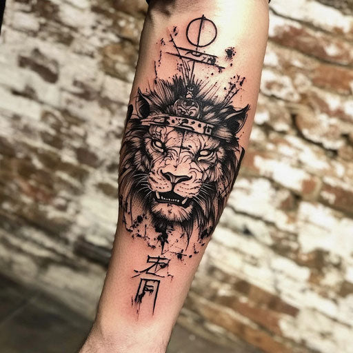 Lion forearm tattoo with samurai symbols, Ami James style