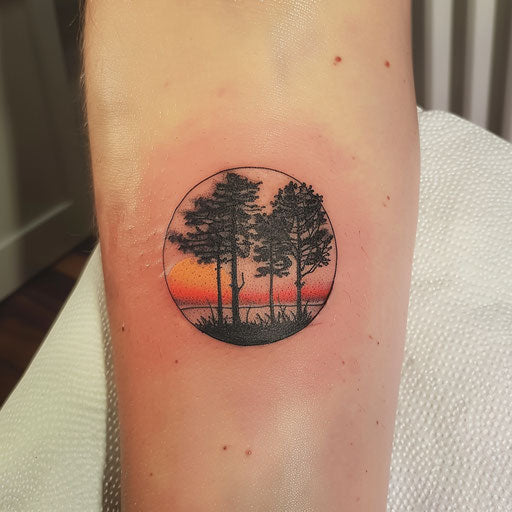 Realistic sunset tattoo of sun dipping below forest horizon
