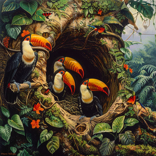 Toucans nesting in giant tree in the rainforest