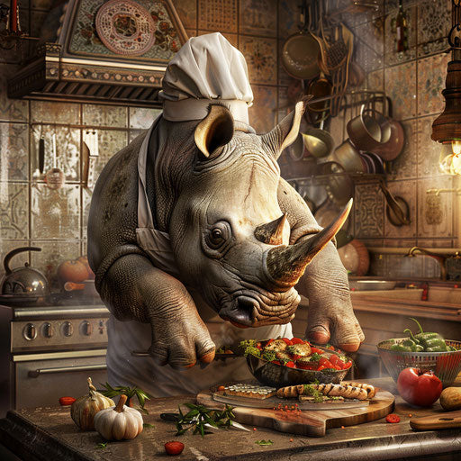 The rhino chef in a gourmet kitchen preparing exotic dishes