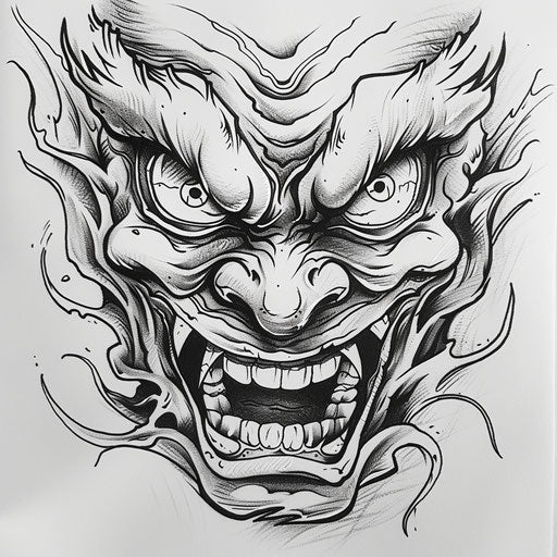 Bold tattoo sketch of a Japanese demon's face