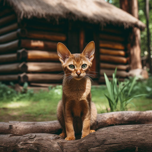 Abyssinian cat sitting in front of a log cabin