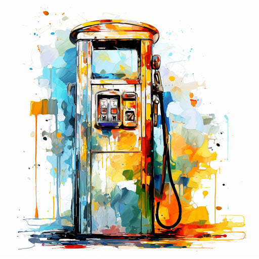 Gas pump artwork in the manner of Impressionistic Art, white background