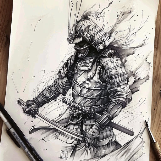 Elegant samurai warrior from classic anime, detailed tattoo sketch