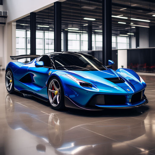 The classic bright blue Ferrari