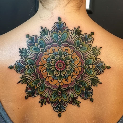 Wildflower mandala, intricate patterns, bright colors, symmetrical design