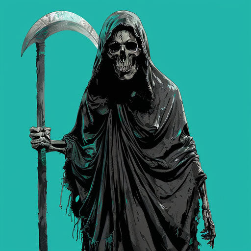 Photo realistic grim reaper clipart with flat teal background