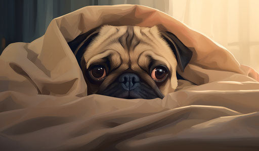 Pug under a blanket in a bed at home