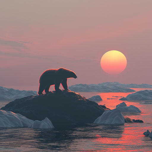 Polar bear against setting sun with icebergs horizon