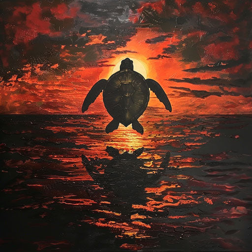 The silhouette of a sea turtle against the setting sun