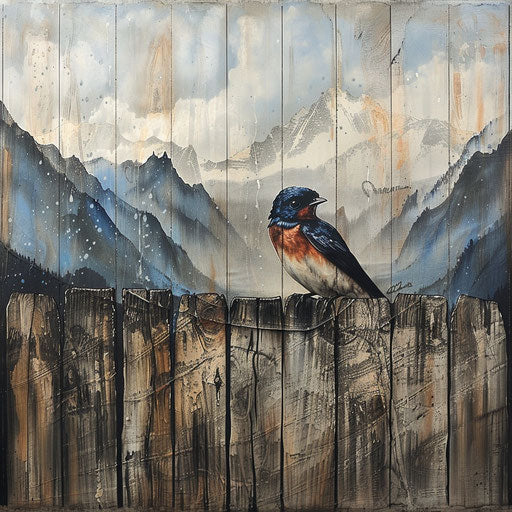 Barn swallow on a wooden fence with mountains in the background