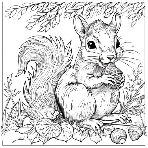 A whimsical scene of a squirrel holding an acorn with a big smile