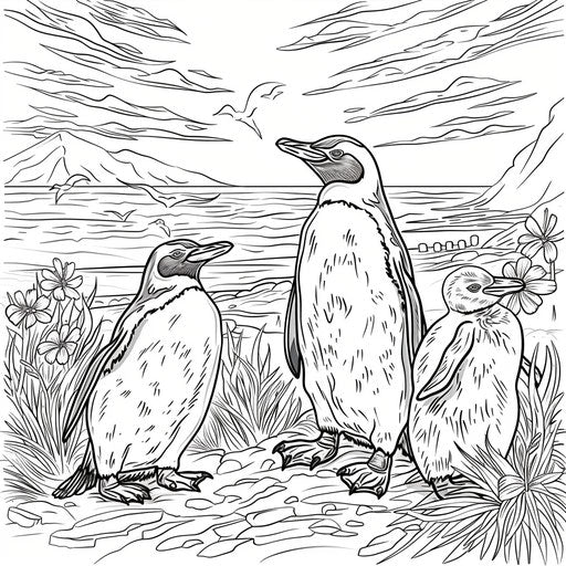 Penguin family enjoying a beautiful sunset