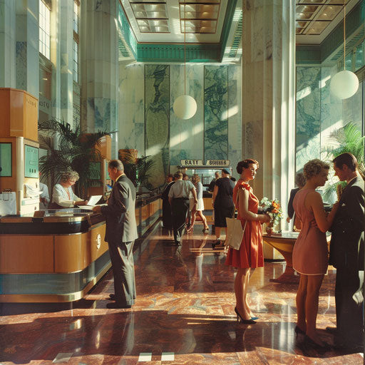 Lively bank lobby with customers at the counter and tellers