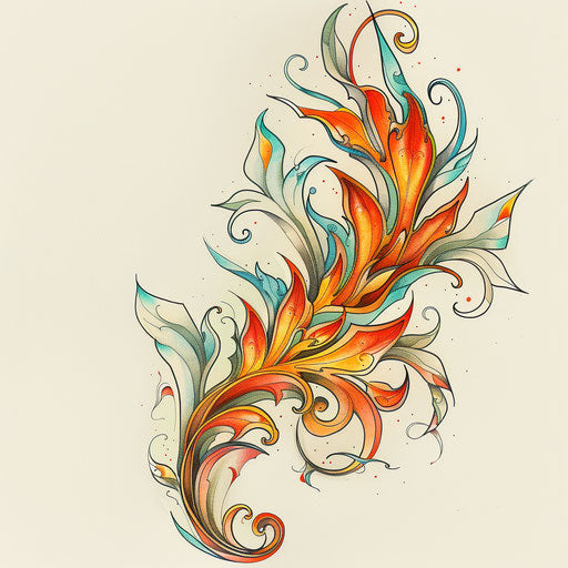 Art nouveau-inspired flame tattoo design on white background