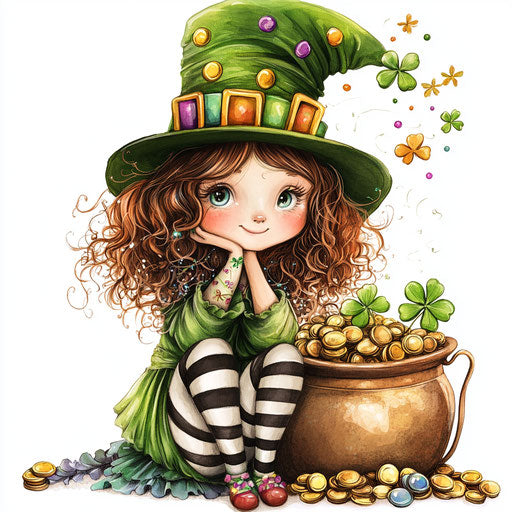 Girl sitting next to old pot full of gold coins