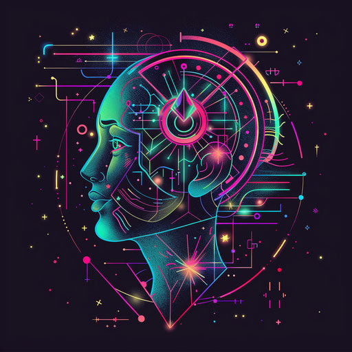 Futuristic flat tattoo sketch of the Gemini constellation with neon colors and cyberpunk elements