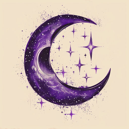 Mystical flat tattoo sketch for sparkle tattoo with crescent moon and sparkling stars in deep purple