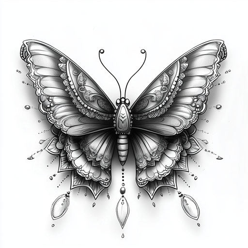 Intricate mandala butterfly tattoo for women in grayscale