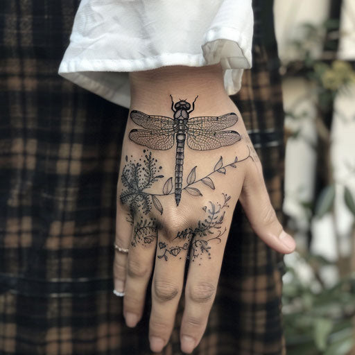 Small dragonfly hand tattoos, Maria Sibylla Merian style