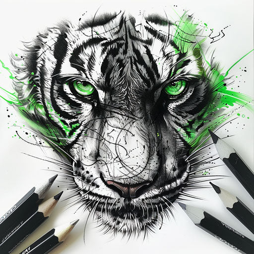 Sleek tattoo sketch in clipart style, tiger eyes with striking green details