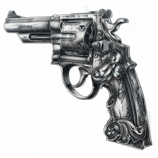 Intricately detailed black and grey revolver gun tattoo design