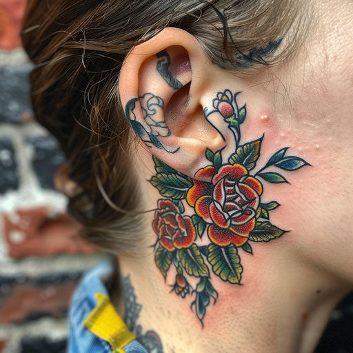 Ear tattoos in the style of Ed Hardy with classic roses