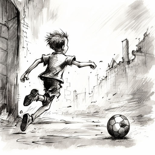 A boy chasing a soccer ball in monochromatic ink wash style