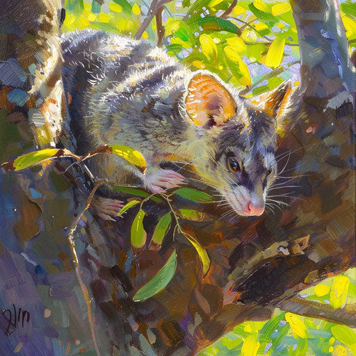 Tranquil white-tail possum in the crook of a tree