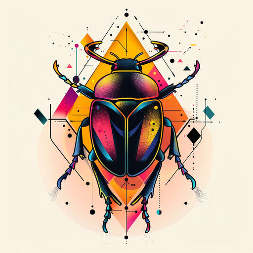 Neon-colored beetle tattoo sketch with abstract shapes in modern clipart style