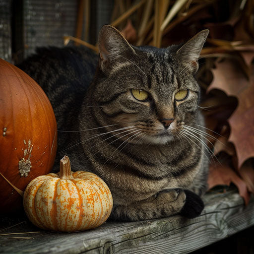 Chubby cat relaxing with pumpkins