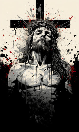 Jesus on the cross, playful line drawing style, gothcore, 77:128