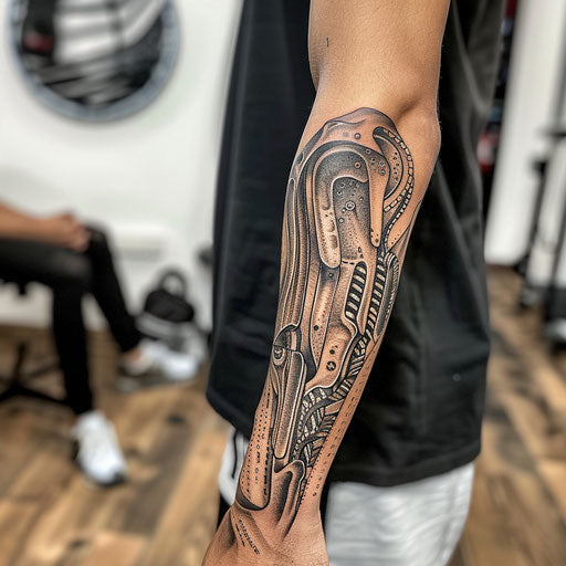 Forearm tattoo for men with a biomechanical design
