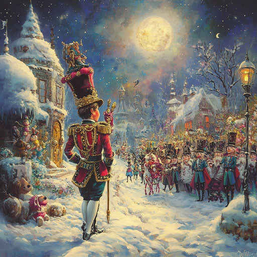 The Nutcracker prince leads a parade of toys in moonlight