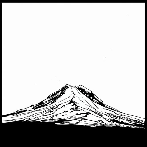 Black and white coloring page Mount Hood in the distance clear sky stream, sun, clouds, animals, people
