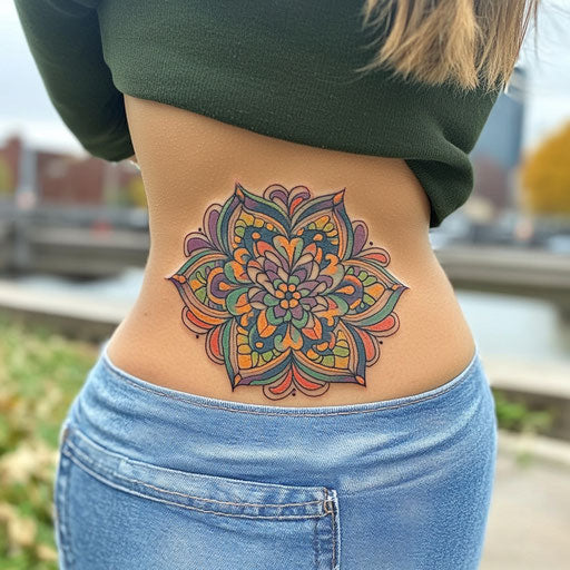 Girl with colorful mandala tattoo on lower back